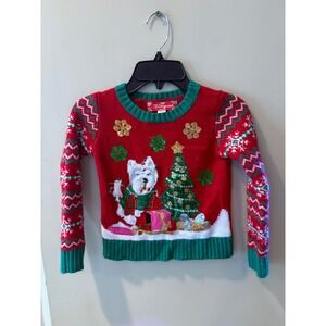 NWOT 33 Degrees Kids Red Christmas Sweater Westie Dog Sequin Fair Isle XXS 4/5